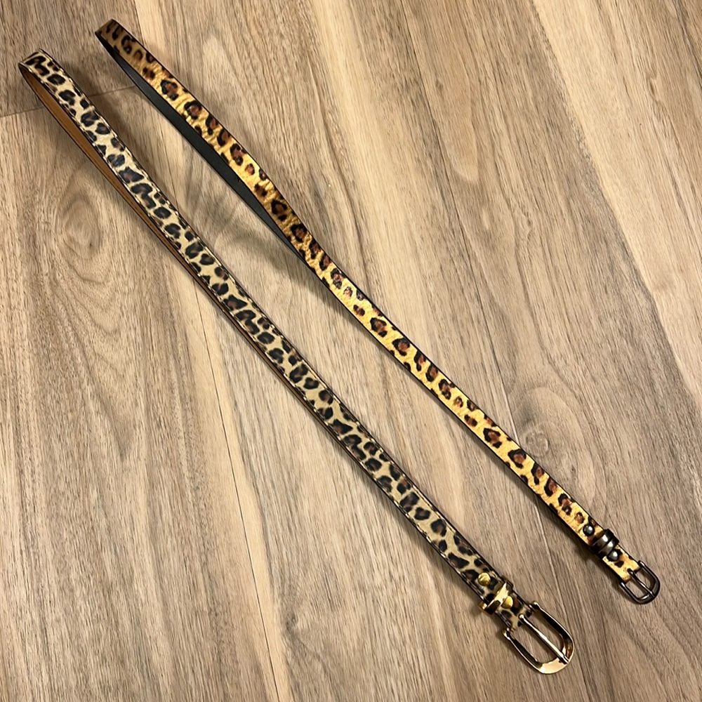 2 leopard print skinny belts- metallic bronze & black ; beige/tan, black & brown